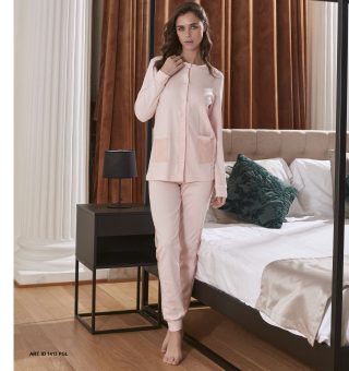Pigiama donna in interlock con maglia aperta e inserti in laize
