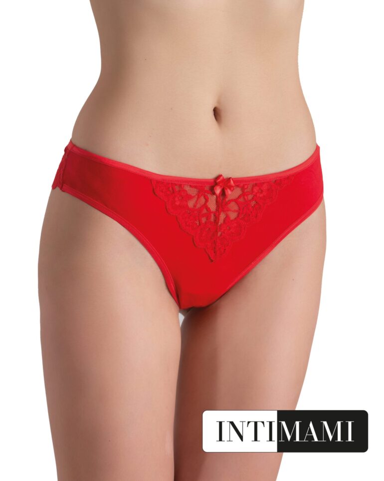 Coordinato donna canotta spalla stretta e perizoma in pizzo rosso con inserto centrale in tulle rosso - immagine 2