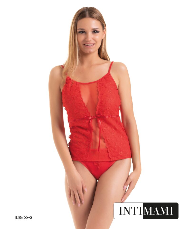 Coordinato donna canotta spalla stretta e perizoma in pizzo rosso con inserto centrale in tulle rosso